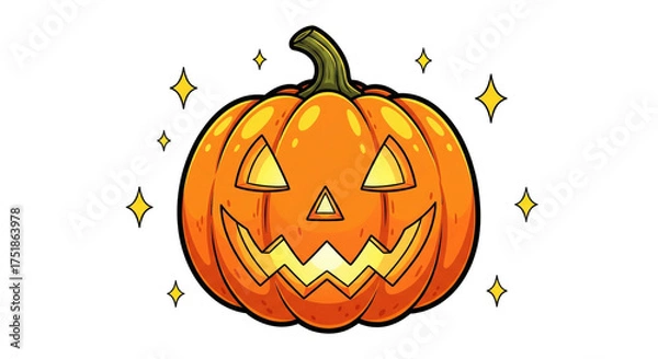 Fototapeta Smiling jack o lantern pumpkin with glowing face, surrounded by sparkling stars, festive Halloween illustration, cheerful and bright atmosphere