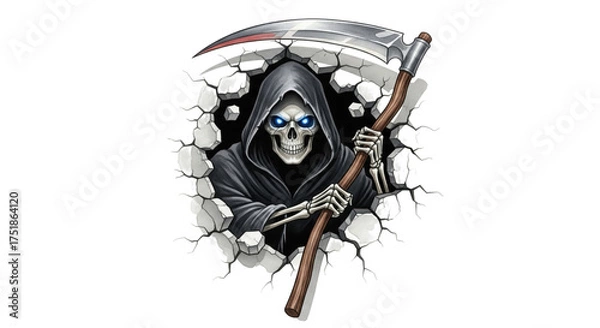 Obraz Grim reaper skeleton with glowing blue eyes and black hooded cloak holding scythe, breaking through cracked stone wall, creating dark, intense, and dramatic atmosphere