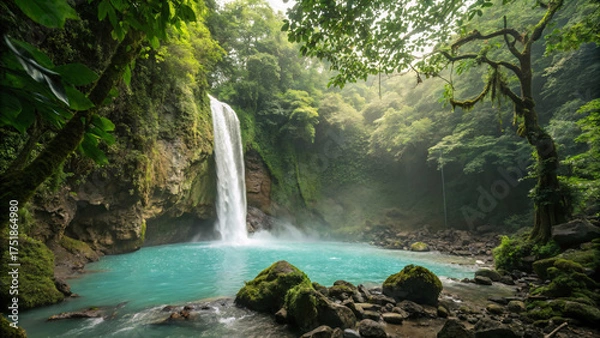 Fototapeta Stunning tropical waterfall plunging into brilliant turquoise pool within verdant rainforest canyon framed by moss-covered trees.