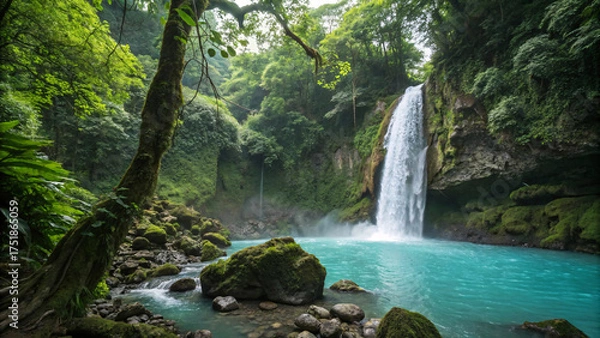 Fototapeta Dramatic waterfall descending into azure pool surrounded by dense jungle, moss-covered boulders, and misty tropical forest atmosphere.
