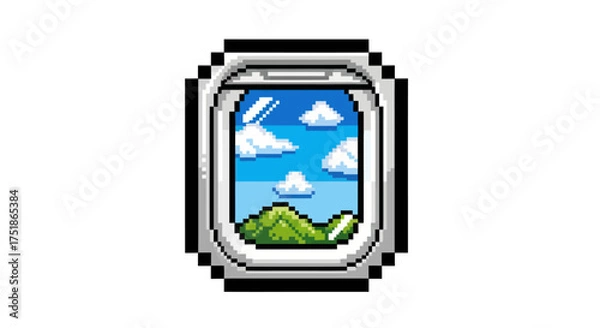 Fototapeta Pixel Art Airplane Window View of Sky Clouds and Green Mountains.