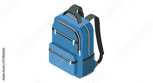 Fototapeta Isometric Blue Backpack with Black Straps and Zippers.