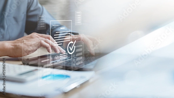 Fototapeta tax, receipts, document, finance, accounting, A person working on a laptop with virtual tax invoice documents, representing digital accounting, financial records, and business tax management.