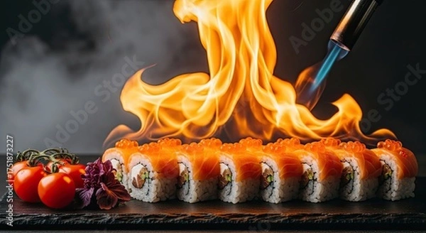 Fototapeta Fiery Sushi Roll Preparation with Culinary Torch