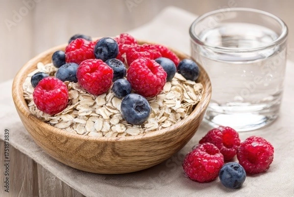 Fototapeta Wooden bowl of oats and berries with a glass of water