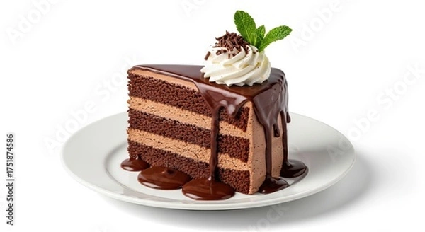 Fototapeta Decadent Chocolate Cake Slice with Whipped Cream and Mint Garnish