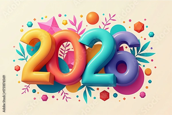Fototapeta Year 2026 3D Text on Colorful Geometric Abstract Background