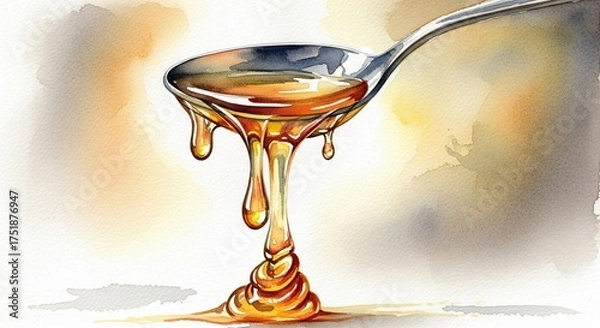 Fototapeta Golden Liquid Drips from Spoon onto Surface