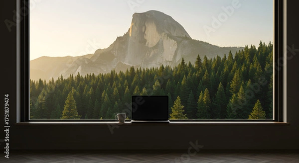 Obraz 숲이 보이는 창가에서 맞이하는 여유로운 하루. 노트북과 커피 그리고 자연이 주는 한가로움.