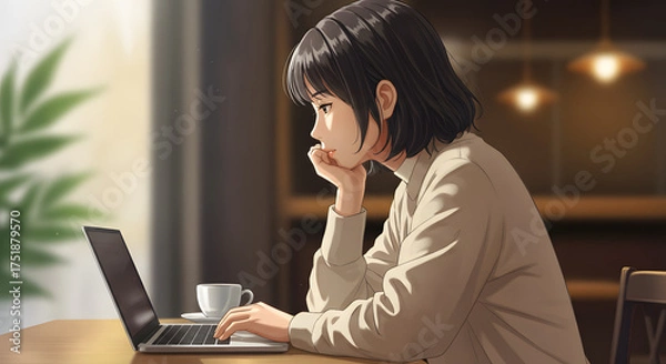 Obraz 따듯한 햇살이 스며드는 조용한 카페에서 깊은 생각에 잠긴 여자. 노트북을 하며 깊은 생각에 잠긴 여자.