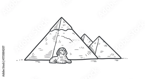 Obraz Hand-drawn sketch of the Great Pyramids of Giza and the Sphinx monument.