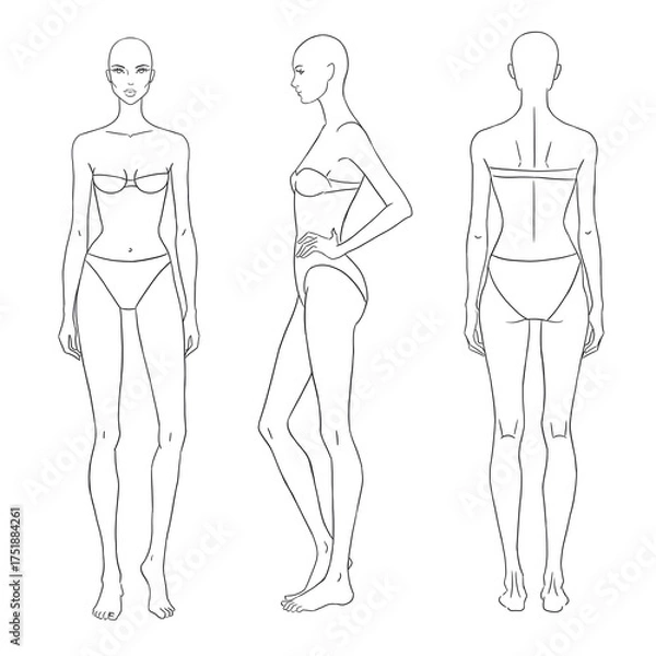 Fototapeta Clean line art of a female fashion model shown from front, side, and back views. Perfect for fashion design sketching, garment fitting, croquis drawing, and creating clothing templates.