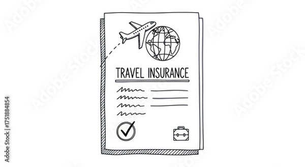 Obraz Hand-drawn illustration of a travel insurance document with an airplane and globe icon.