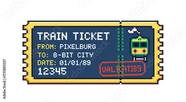 Obraz Retro pixel art train ticket for travel between fictional cities.