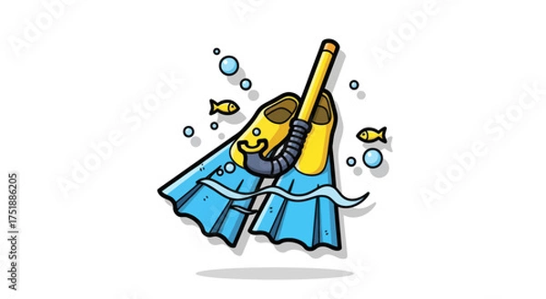 Obraz Cartoon illustration of snorkeling gear with blue fins and a yellow snorkel.
