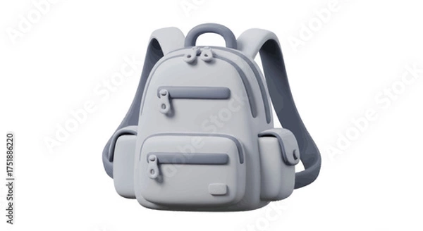 Obraz A light gray backpack with multiple zippered compartments and padded straps.