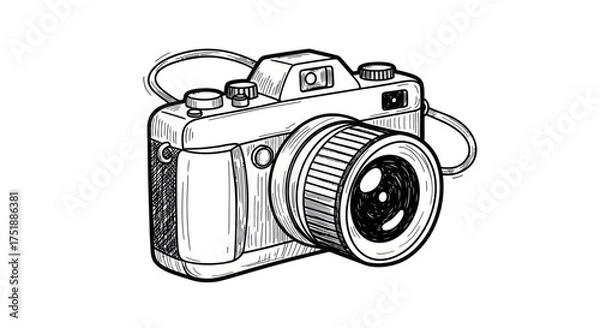 Obraz Hand-Drawn Sketch of a Vintage Camera with Lens and Strap.