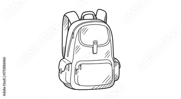 Obraz Hand-drawn sketch of a classic backpack with multiple pockets and straps.