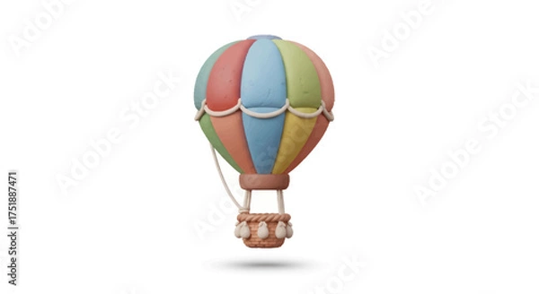 Obraz A whimsical 3D rendering of a colorful vertically striped hot air balloon with a brown basket.