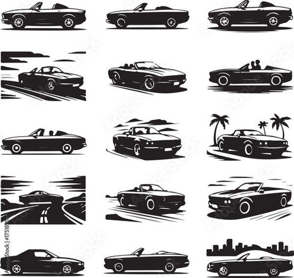 Obraz Classic Convertible Car Collection Black and White Vector Illustration Set