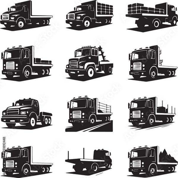 Fototapeta Collection of black and white vector trucks with different body types