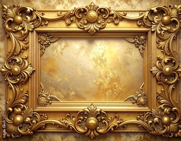 Obraz Elaborate Ornate Gold Frame with Intricate Designs and Textured Beige and Gold Background Decorative Baroque Aesthetic Detailed Craftsmanship and Classic Art