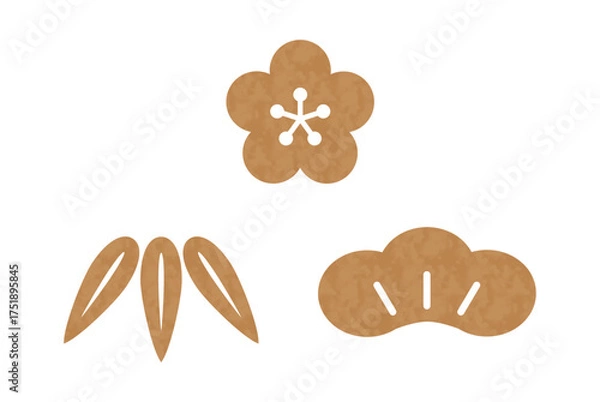 Fototapeta 松竹梅の和風イラスト 金色の和紙風テクスチャ