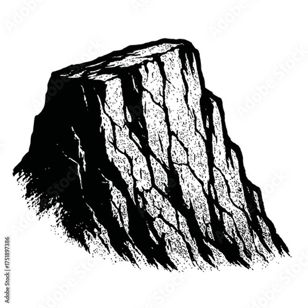 Fototapeta Striking black and white illustration of a rugged mountain, towering cliff face, or majestic plateau. Hand-drawn vintage sketch art, perfect for nature-themed designs, logos, and outdoor adventure pro