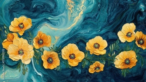 Fototapeta Yellow poppies on teal marbled background.  Possible wall decor
