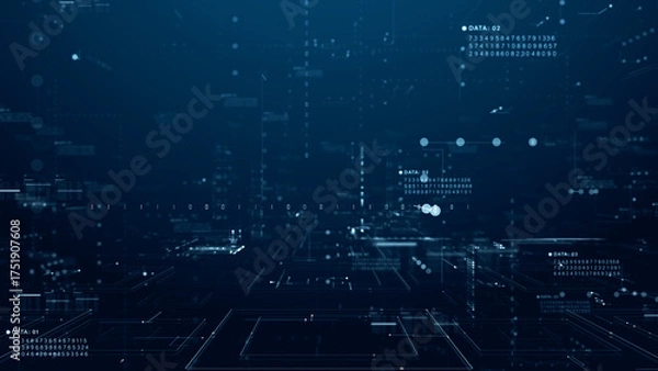Obraz Futuristic digital matrix interface with floating data, binary code, and glowing tech elements. Ideal for cyber, AI, and data visualization concepts. Technology digital data background. 3d Rendering