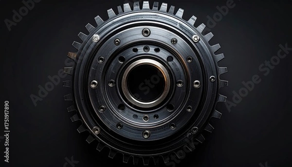 Fototapeta Intricate Metallic Gear Assembly with Central Hub and Serrated Edge on a Dark Matte Surface with Subtle Lighting