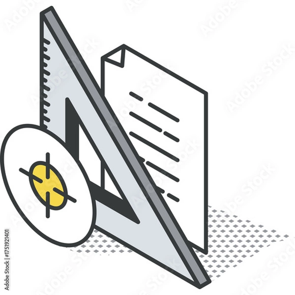 Obraz Isometric Illustration of Drafting Tools and Document with a Target Symbol on a Transparent Background
