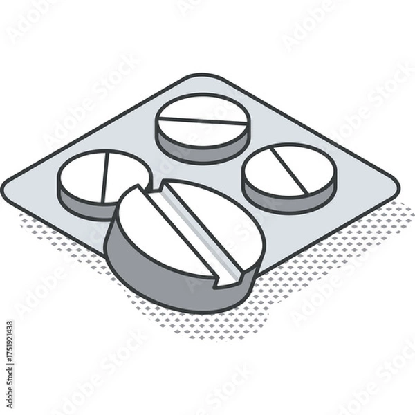 Obraz Isometric Illustration of Four White Round Medical Pills One Partially Removed From Foil Packaging on Transparent Background