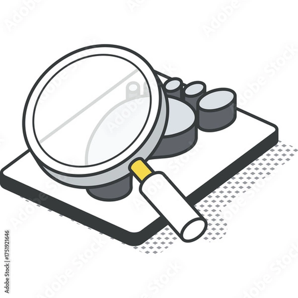 Obraz Isometric Magnifying Glass Inspecting Abstract Geometric Shapes on a Flat Surface with Subtle Dot Pattern Background Digital Art