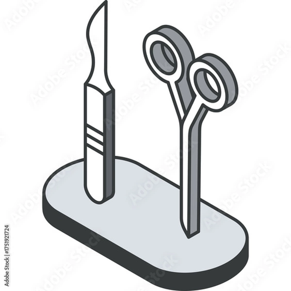 Obraz Isometric medical surgical instruments scalpel and forceps on stand isolated on white background with transparent background flat design