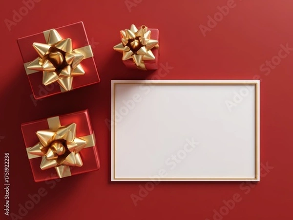 Fototapeta A festive arrangement features elegantly wrapped red gifts adorned with golden bows, accompanied by a blank frame for personalization, Ideal for holiday promotions, greeting cards, or gift guides,