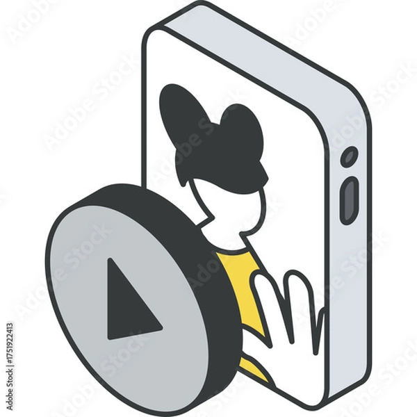 Obraz Isometric Smartphone Displaying Animated Character with Play Button Icon in Front on Transparent Background