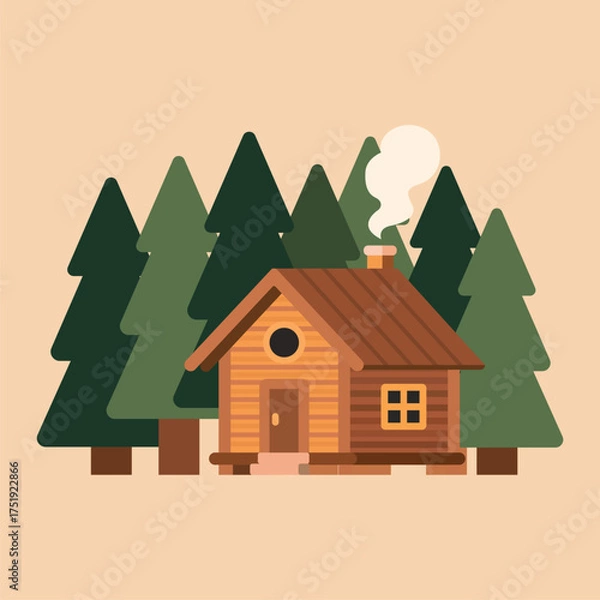 Fototapeta Small wooden cabin in pine forest in flat illustration, warm natural colors, ideal for nature, camping, and adventure design projects