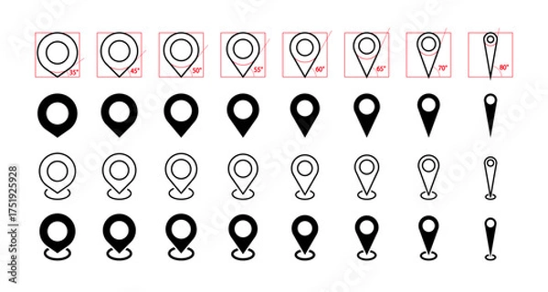 Fototapeta Location, map pin, address icon, sharp design style (8 angle sets: 35°, 45°, 50°, 55°, 60°, 65°, 70°, 80°)