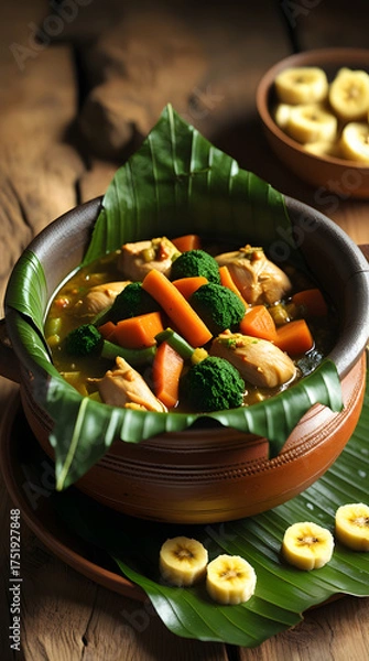 Fototapeta Uganda – Luwombo
A traditional clay pot with Ugandan luwombo: chicken and vegetables slowly steamed in banana leaves, served with matoke (steamed green bananas), rustic wooden table