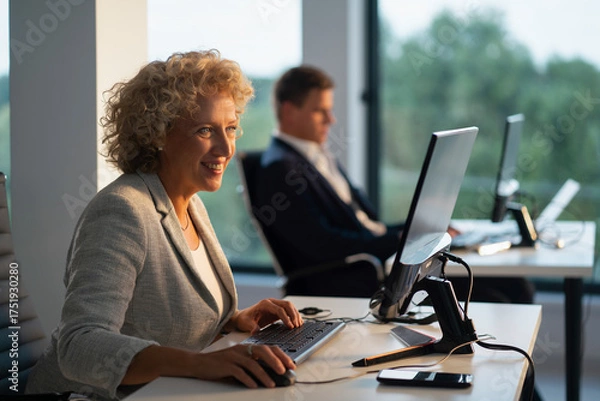 Fototapeta Smiling mid adult businesswoman working at her desk, typing on a keyboard and using a mouse while collaborating with a colleague in a bright, contemporary office environment