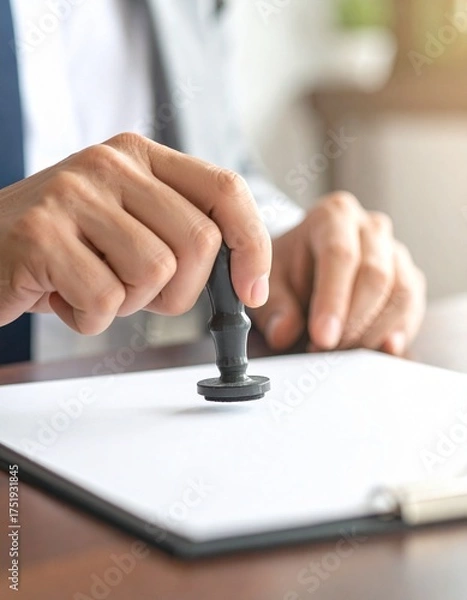 Fototapeta Office worker stamping a document with a rubber stamp, Ensuring document approval through rubber stamping on paper