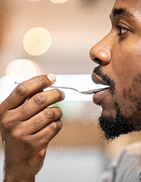 Obraz Man tasting with a spoon, close up portrait of african american man tasting with a spoon