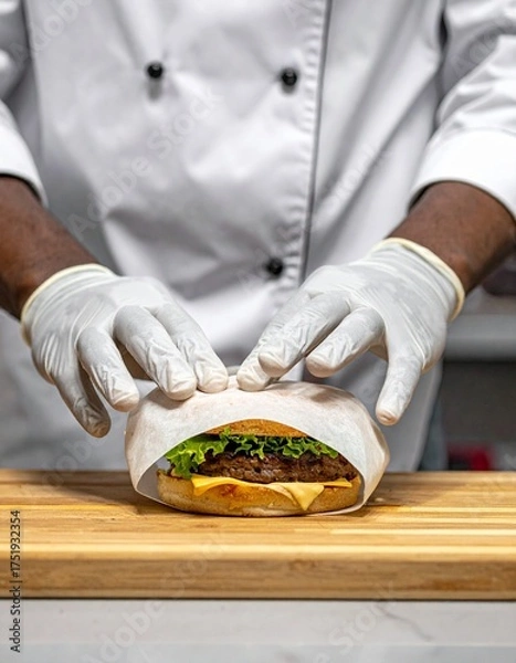 Obraz Gloved hands meticulously wrapping a delectable burger, a culinary presentation, A chef's artistry displayed through a perfectly prepared burger wrapping