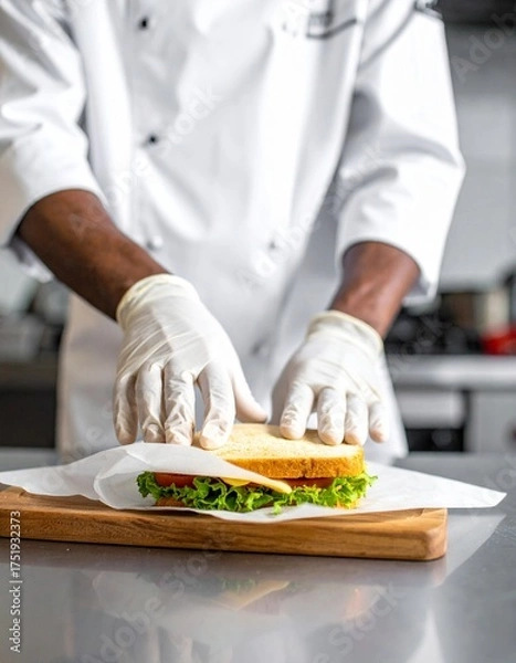 Fototapeta Gloved Chef Preparing a Delicious Sandwich on a Wooden Cutting Board, Hygienic Food Preparation in a Clean Kitchen Environment