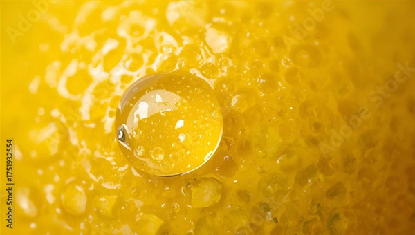 Fototapeta Lemon peel macro texture with water droplets and bright yellow citrus surface