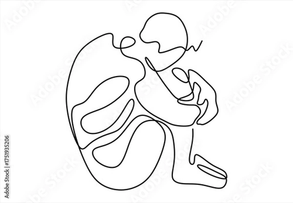 Fototapeta Minimalist Line Art of a Person Huddled in Sadness. line icon-continuous line drawing. Editable stroke. 
