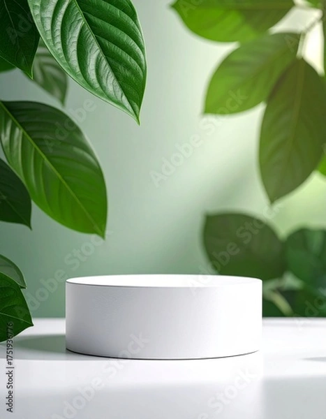Fototapeta Elegant White Product Display Platform Surrounded by Vibrant Green Foliage, Minimalist Product Showcase with Lush Greenery Against a Serene Backdrop