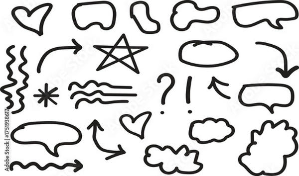 Fototapeta Brush art , drawing of varoius kind of icon like stars, Question marks,love, arrow, emoji,smile,sad etc icon bundle drawing with stroke line art style,vector art.