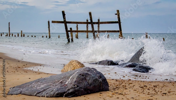 Obraz old sea defences on beach